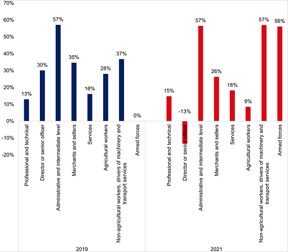 Income gap
estimated by the Ñopo decomposition by occupation*