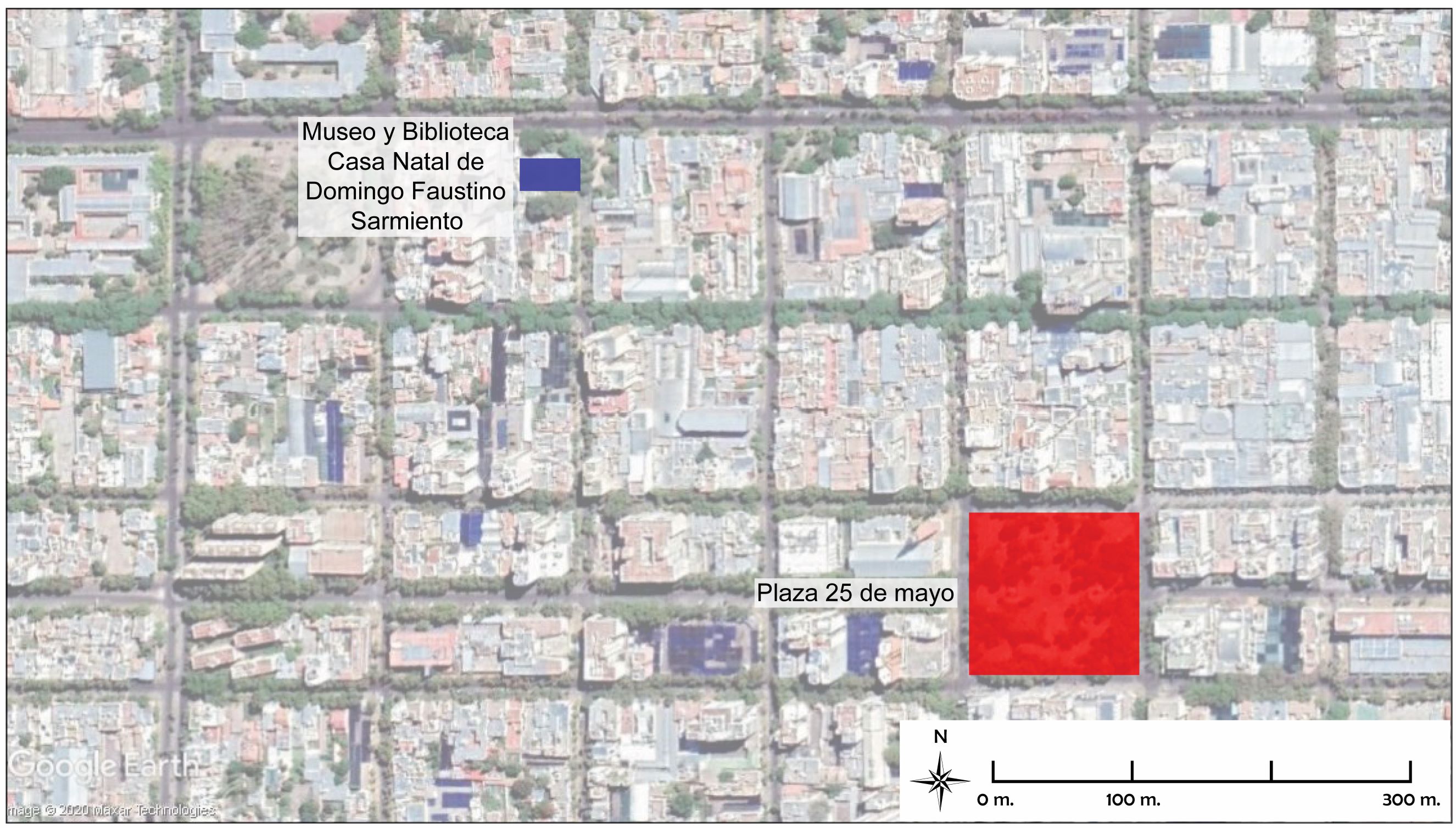 Detalle del caso urbano actual de San Juan con ubicación del
sitio en azul y en rojo la Plaza 25 de mayo (antigua plaza principal
de la ciudad).