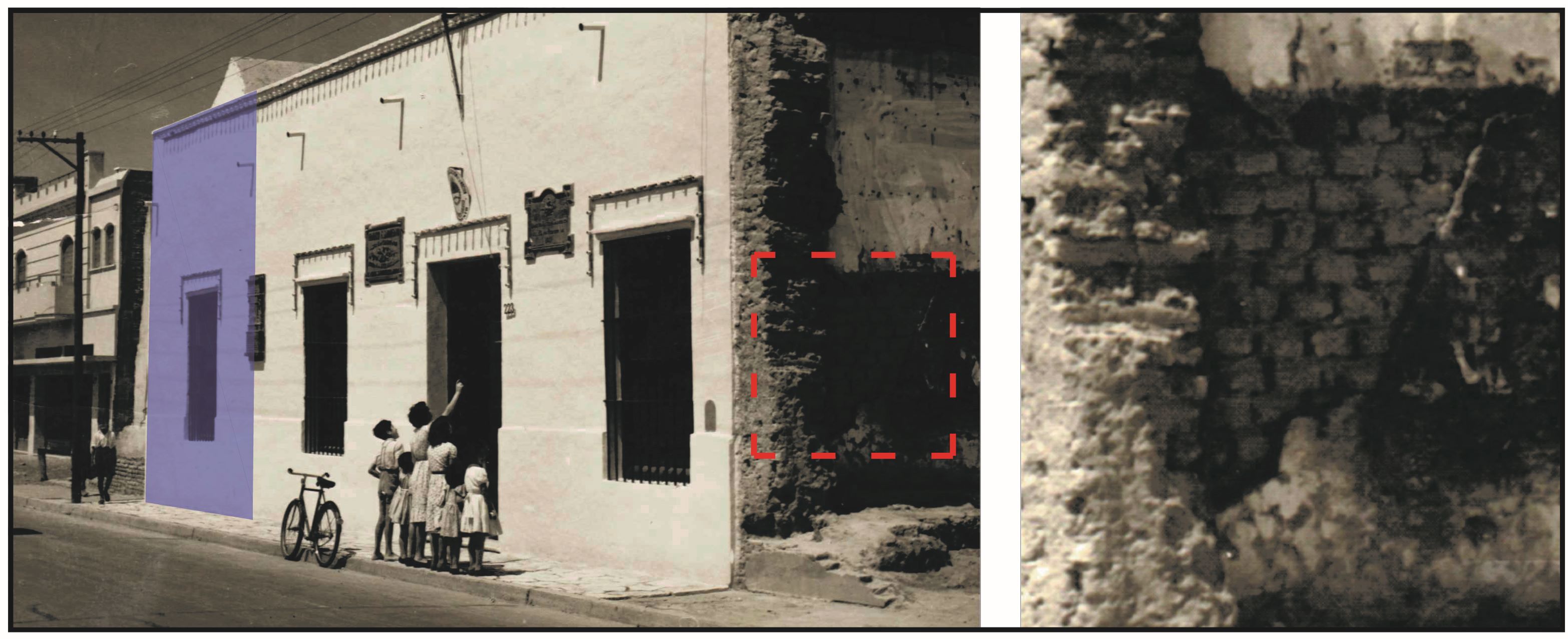 Fotografía
del edificio tomadas luego del terremoto de 1944: en azul, la sección
que corresponde a la construcción colonial y recuadrado en rojo y
ampliado, detalle del muro norte que permite observar la utilización
de ladrillones de adobe.