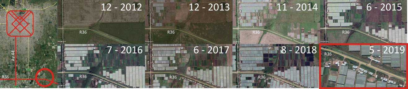 Crecimiento
de la ocupación del suelo con invernaderos en el cordón
frutihortícola platense, y viviendas informales entre éstos y el
borde de la ruta 36