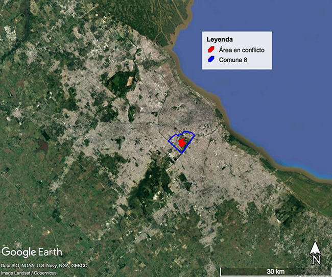 
Localización de la
Comuna 8 y del área en conflicto en el Área Metropolitana de Buenos
Aires