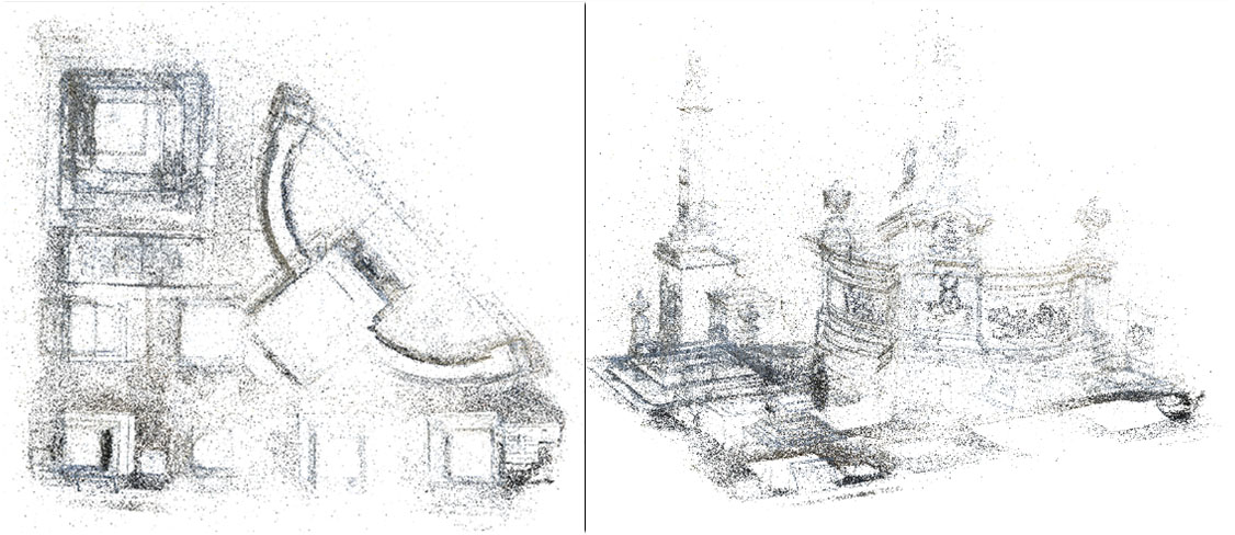 Vistas de la nube de
puntos dispersa obtenida del proceso de fotogrametría de SFM de todo el
conjunto de monumentos. Izquierda: vista desde arriba. Derecha: vista en
ángulo.