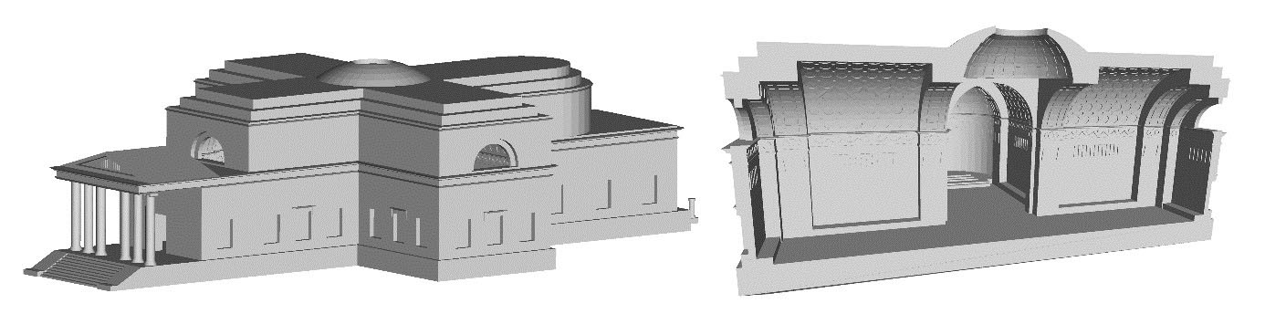 Modelado del Panteón.
Izquierda: Edificio completo. Derecha: Corte transversal.