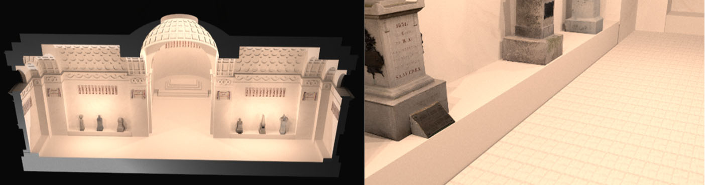 Corte de una versión del edificio con
piso de mármol, renderizada en Blender,
con los monumentos ubicados en los bancos sobreelevados.
Abajo, detalle del piso.