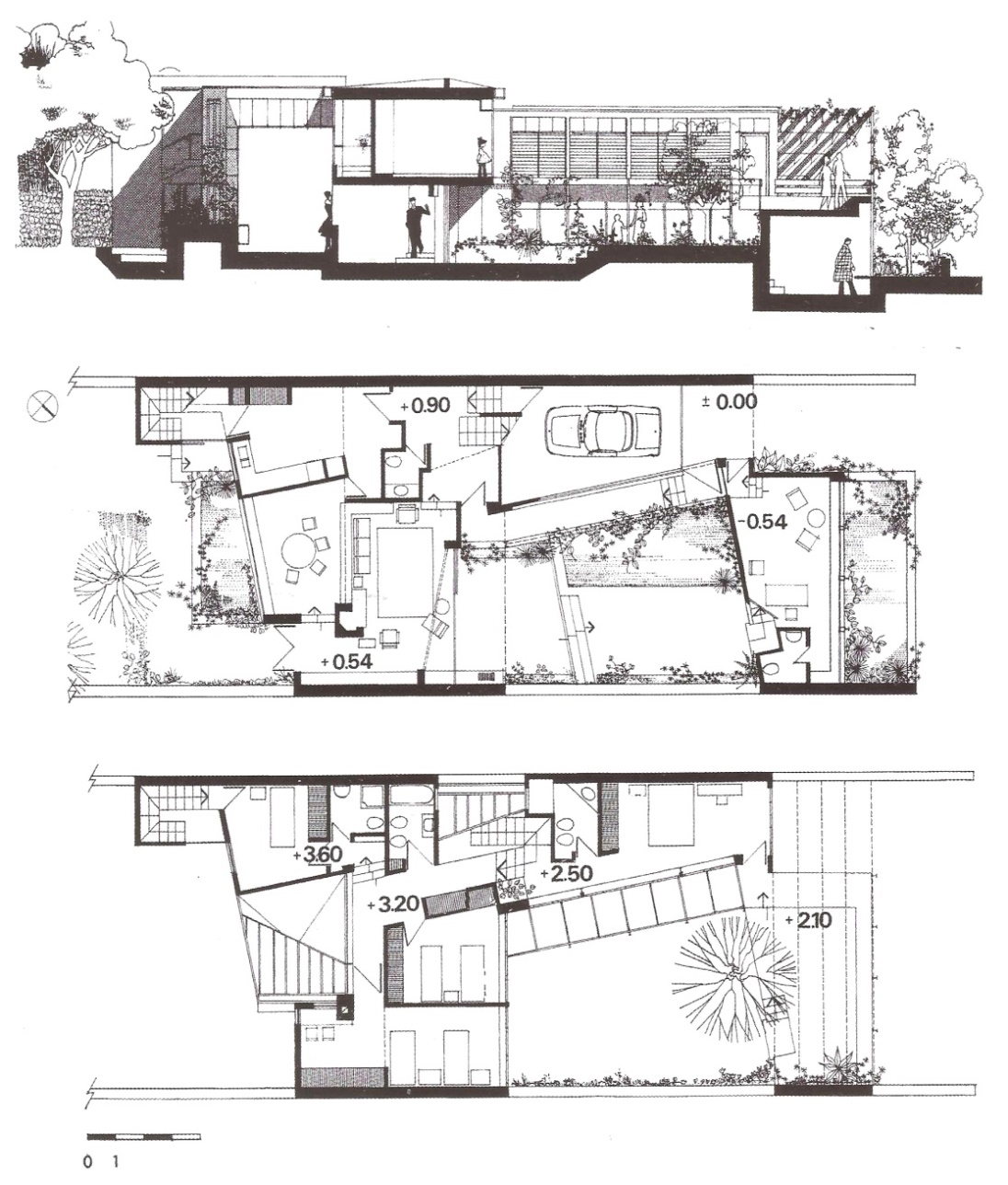 Planta y
cortes de la vivienda Yurievich de los arquitectos C. E. Lenci, Roberto Kuri y
J. M. Escudero en 1969, Mar del Plata 
