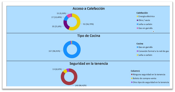 Porcentaje de acceso a servicios de barrio populares (calefacción,
seguridad en la tenencia del suelo y cocina) en el municipio de La Plata. Elaboración
propia.