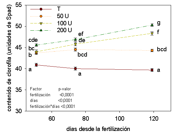 Contenido de clorofila para las dosis de fertilización con N en diferentes
fechas posteriores a la aplicación de fertilizante. La fertilización se realizó
el 6 de octubre de 2014 con 0 (T), 50 (50U), 100 (100U) y 200 (200U) kg urea · ha-1. Letras
diferentes indican diferencias significativas (p<0,05). Las barras indican
el error estándar.