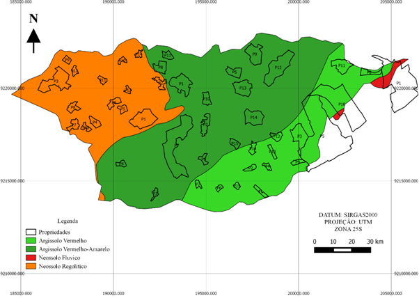 Distribuição das propriedades sobre as unidades de mapeamento de solos Fonte Adaptado de PARAÍBA 2006