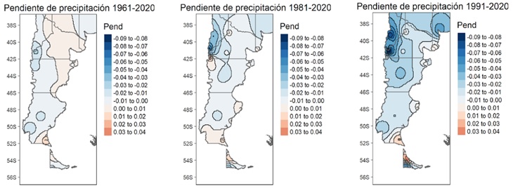 Mapa de las pendientes lineales de precipitación anual bajo el método de Pearson para los periodos 19612020 19812020 19912020Se consideran los intervalos como cerrados para su menor valor y abiertos para el máximo